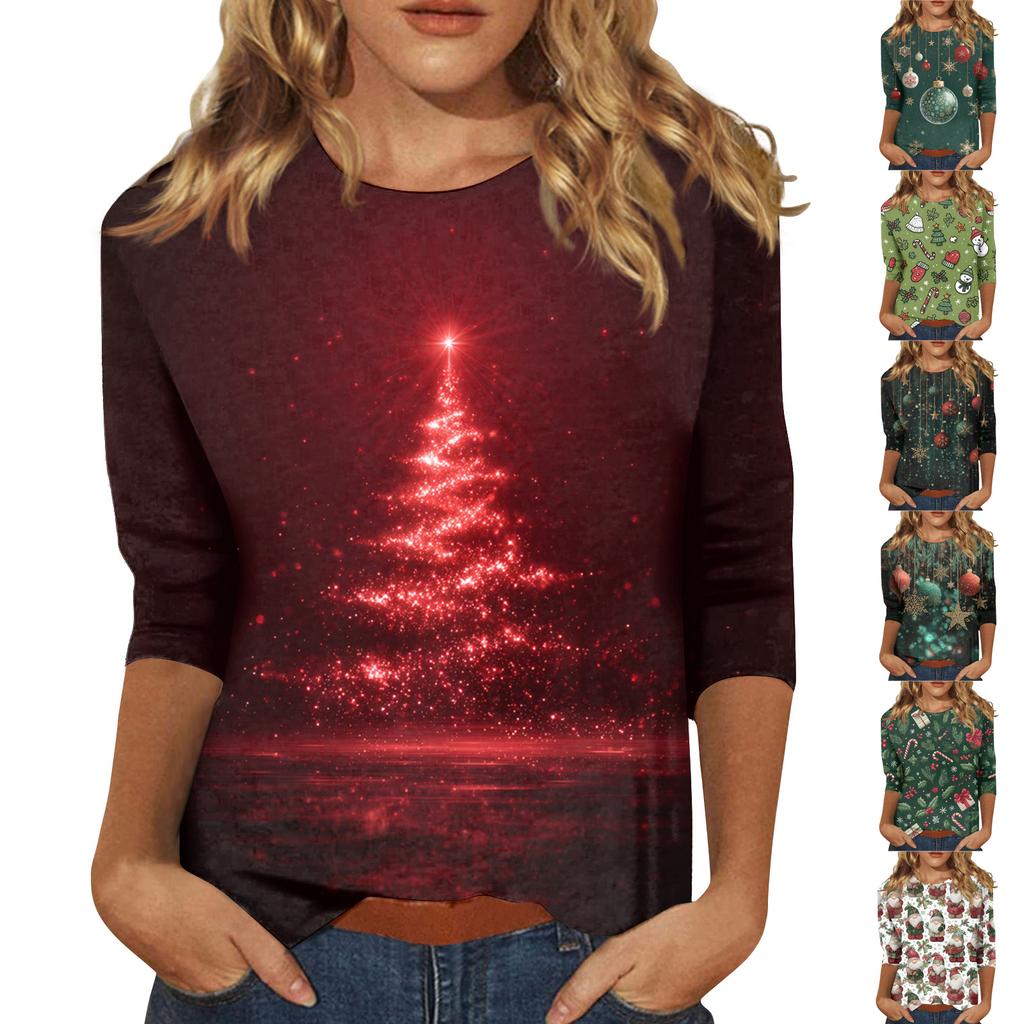 Damebluser Trekvart ermet skjorte V-hals Løs fritidsskjorte Trykk T-skjorte