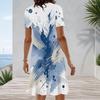 Women Plus Size Round Neck Short Sleeve Blue Beige White Printed A Line Dress
