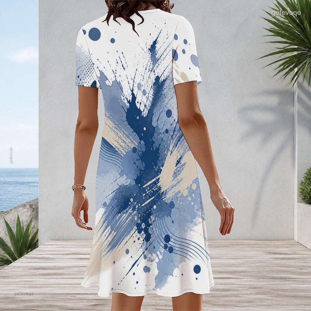 Women Plus Size Round Neck Short Sleeve Blue Beige White Printed A Line Dress