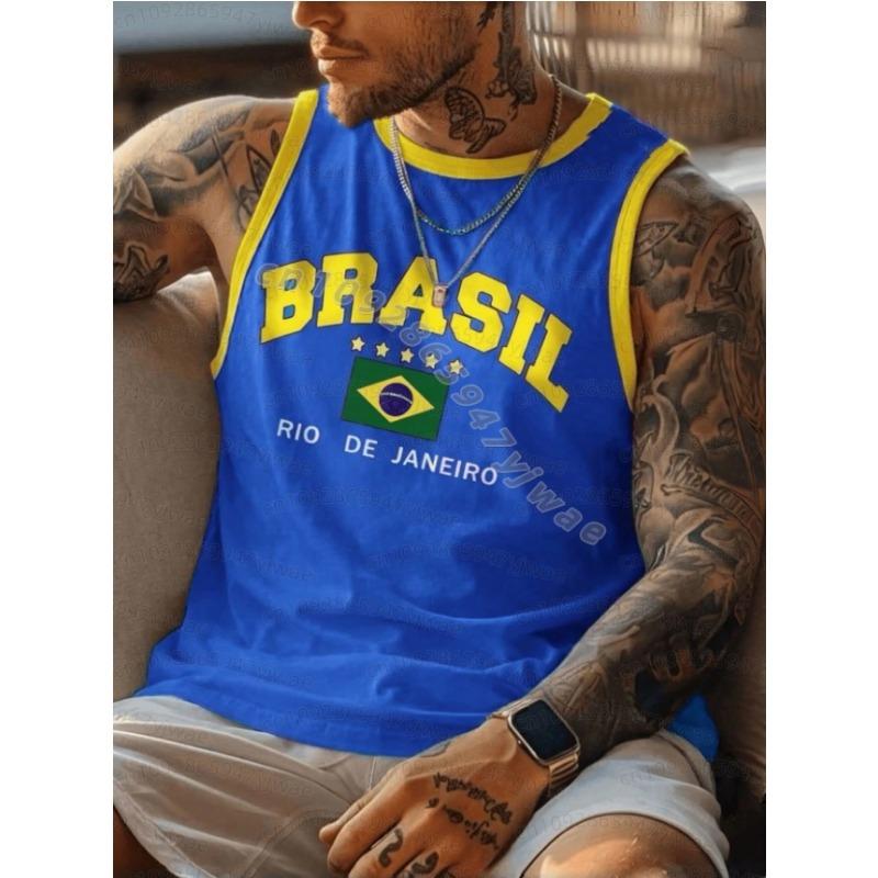 Sommer Mænd GUL BRASIL 10 Print Stribe Rund Hals Afslappet Tanktop Basketball Trøje Vest Kæreste Stil Sport Basketball Vest