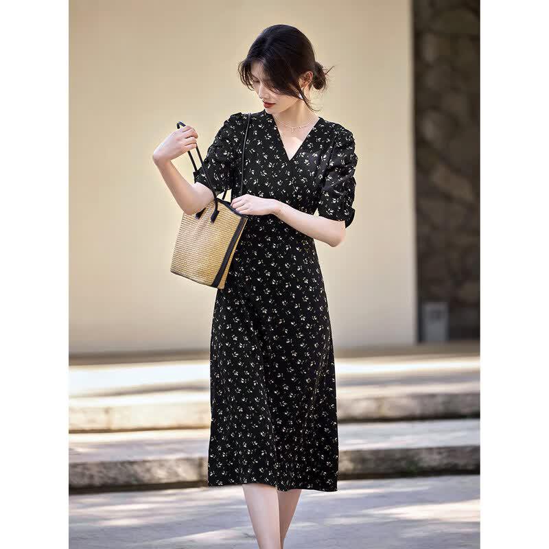 XWI French Elegant Floral A-line Midi Dress S