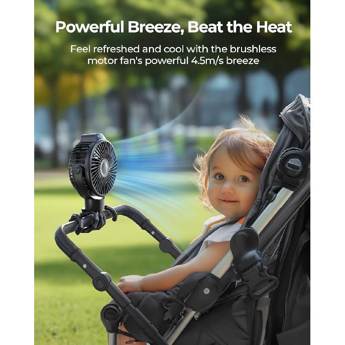 Koonie Portable Stroller Fan for Baby, Rechargeable Battery Operated, 3 Speeds, 360° Rotation, 25db Low Noise,Digital Display, Detachable Flexible