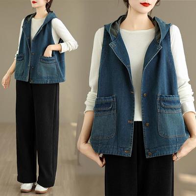 Retro Women's Slim Fit Hooded Denim Vest - Washed Sleeveless Gilet for Autumn 2026