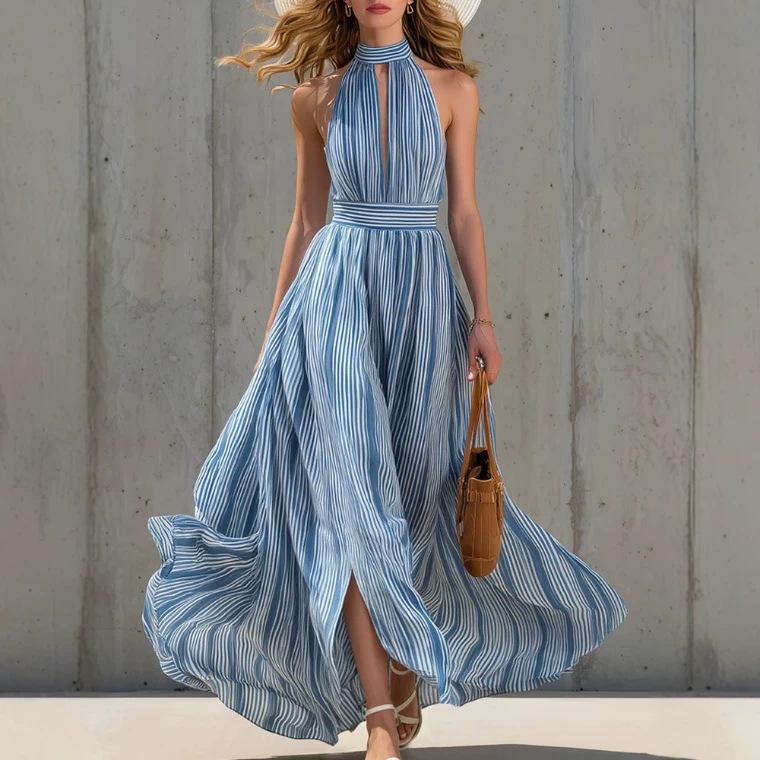 

European and American Fashion Retro Blue and White Striped Chiffon Sleeveless Hollow Dress S синий