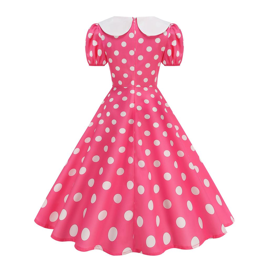 Women's Casual Polka Dot Dress with Collar and Puff Sleeves Slim Fit