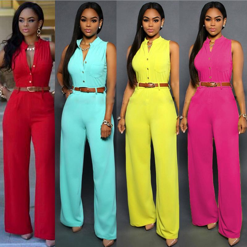 Women's Single-Breasted High Waist Belted Wide Leg Jumpsuit