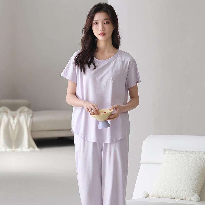 Lyocell Women's Summer Short Sleeve Pajama Set with Chest Pads - Casual Plus Size Home Wear