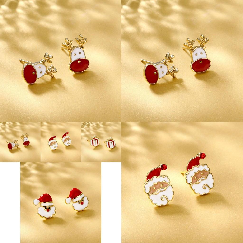 European Style Christmas Earrings For Women Cute Santa And Reindeer Studs