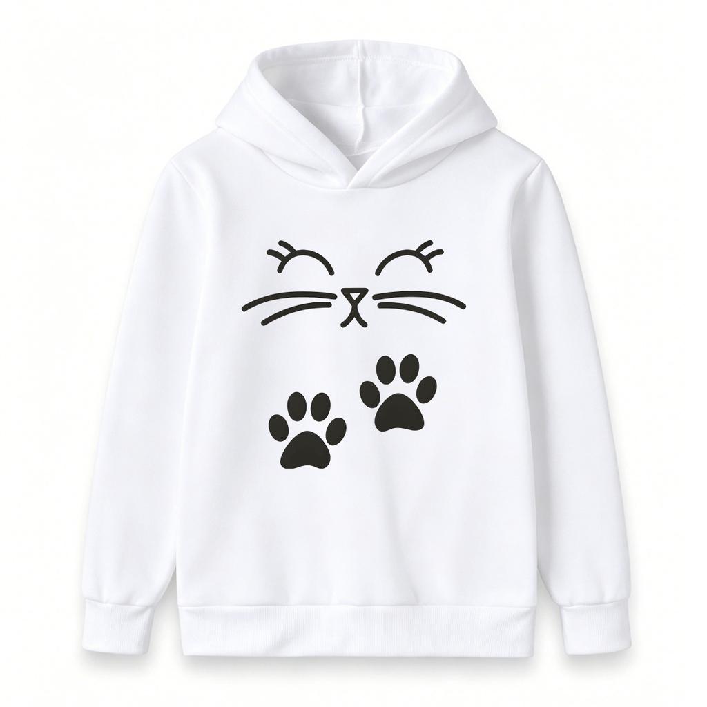 Kids Unisex Boys Girls Pullover Hoodie, Cute Cat Face Paw Print Sweatshirt, Casual Soft Long Sleeve Hooded Top for Daily Wear School Outdoor Activitie