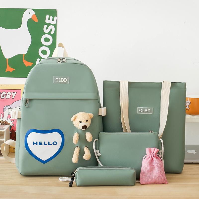 

Школьный рюкзак для учеников начальной школы модный и легкий, чтобы снизить нагрузку.. Рюкзак для учеников средней школы, новый набор из пяти предметов зелёный