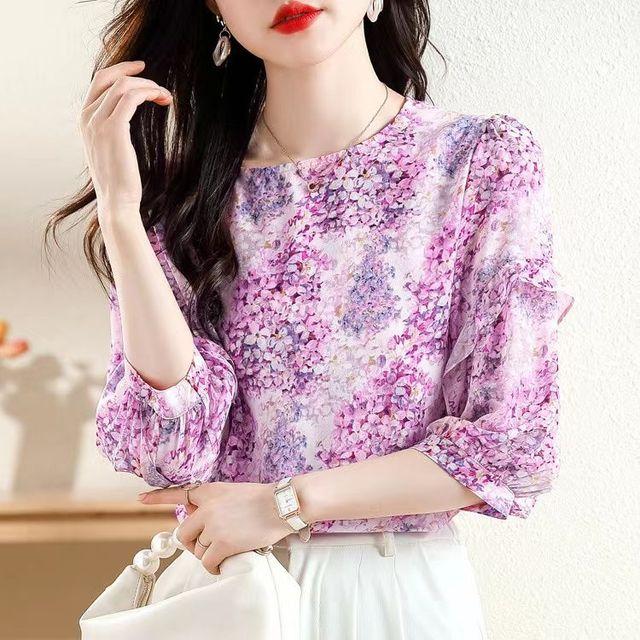 

Шифоновая рубашка с французским цветочным принтом, плиссированная блузка с рукавами 3/4, женская весна-лето, новый свободный облегающий тонкий топ с принтом M-4XL 4XL фиолетовый
