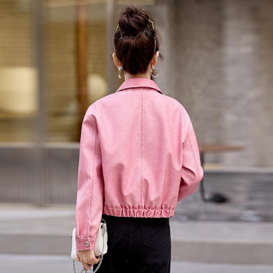 Pink leather jacket women's spring and autumn models new good-looking short loose casual leather jacket