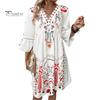 Summer Lady Dress Hollow Out Lace Patchwork Bohemian Three Quarter Sleeves Loose V Neck Printed Pleated Knee Length Vacation Beach Midi Dress