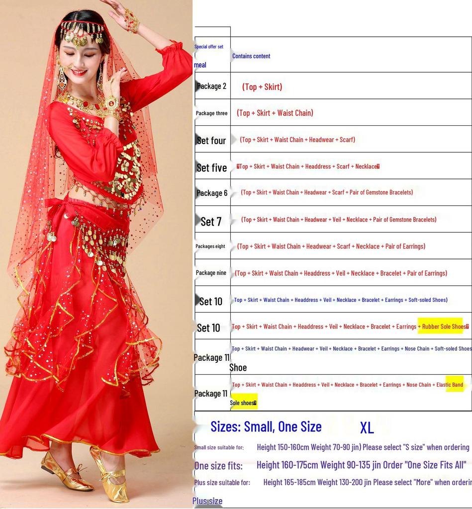 Women's Long Sleeve Indian Belly Dance Performance Costume with Short Sleeve Long Skirt