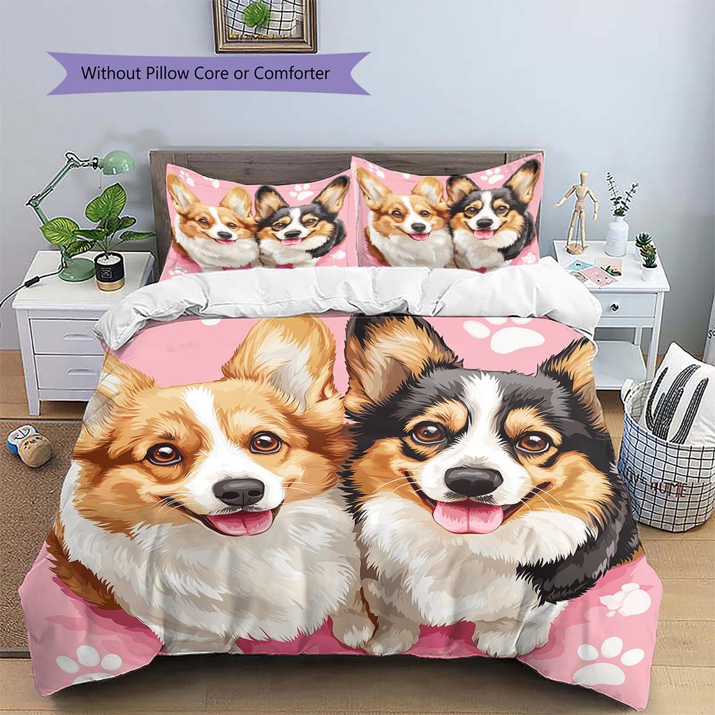 Pink Corgi Pattern Bedding Home Decoration Birthday Gift (1 * duvet cover + 2 * pillowcase, without core)