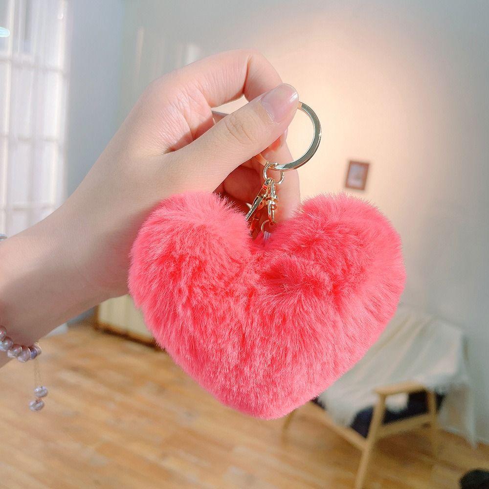 Love Heart Plush Bag Pendant Fluffy Ball Car Key Ring Imitation Rabbit Fur Solid Color Key Chain Bag Accessories
