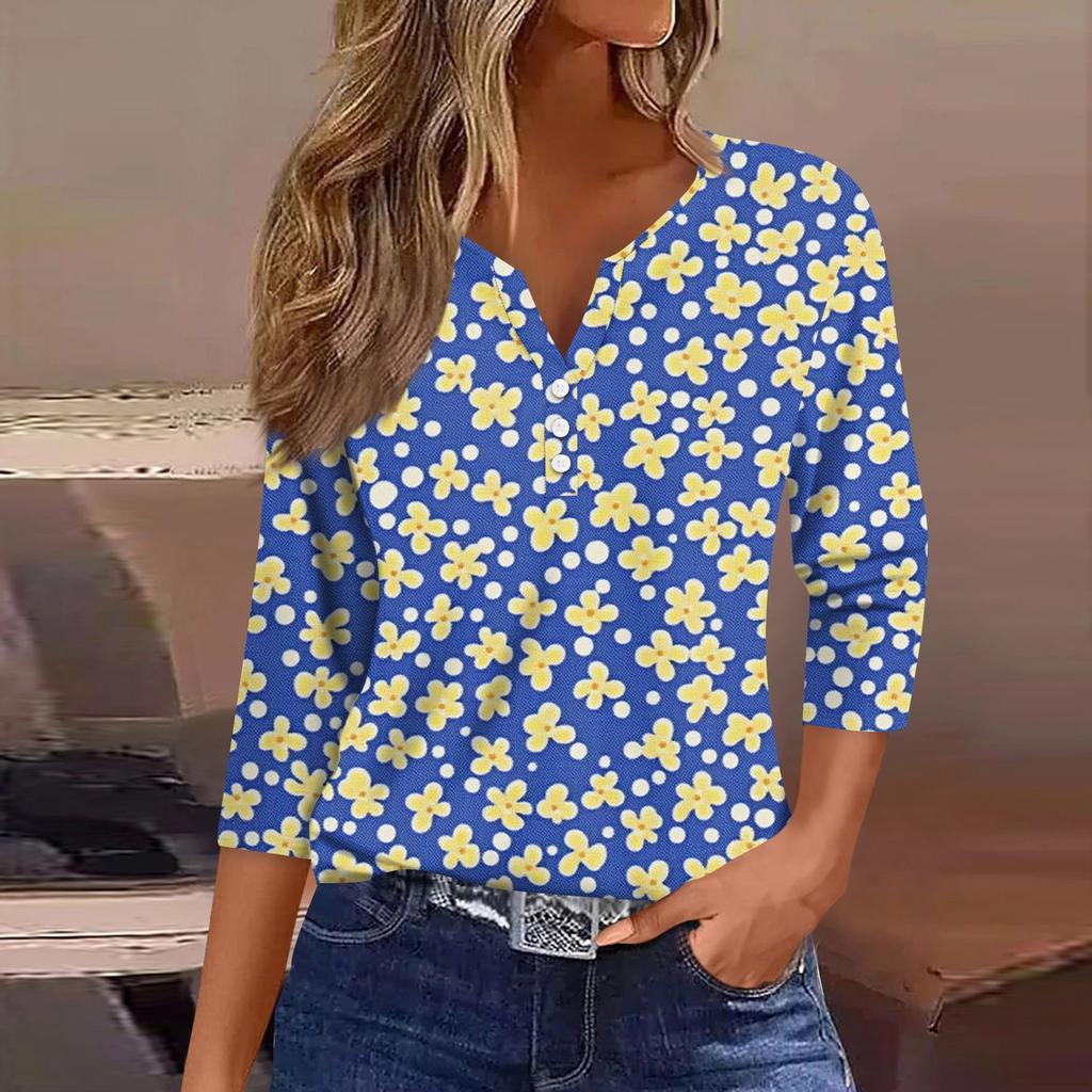 Women's T Shirt Tee Print Button 3/4 Sleeve Daily Weekend Fashion Basic V Neck Regular Top