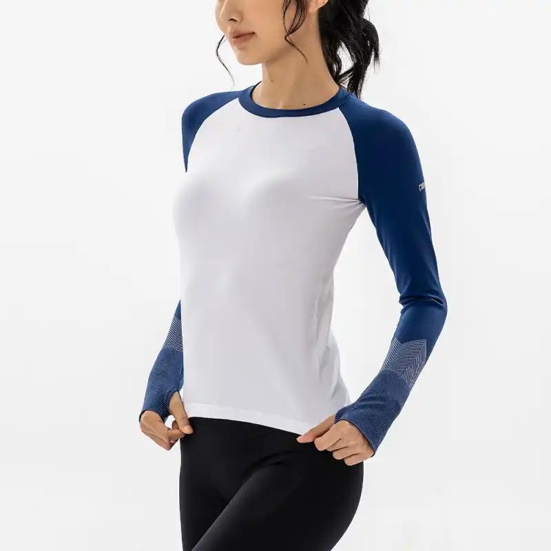 Women Raglan Color Block Seamless Geometric Jacquard Thumb Hole Long Sleeve Fitness Top Multiple Colors Available