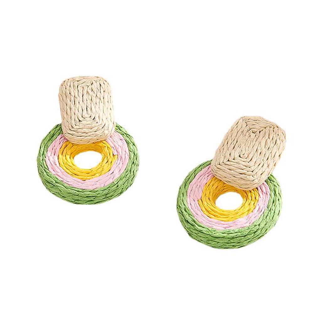 Women Rattan Earrings Boho Straw Wrapped Geometric Round Earrings Summer Tropical Beach Jewelry
