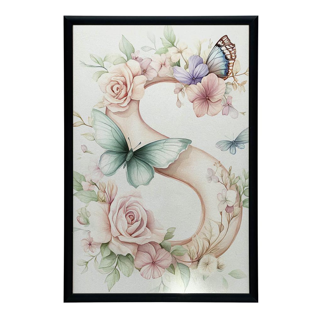 Plakat "S" Z Kwiatami I Motylami Plakat "S" Z Kwiatami I Motylami, 50X70 Cm, Rama Drewniana Ciemny Brąz, Papier Matowy 230 Gsm