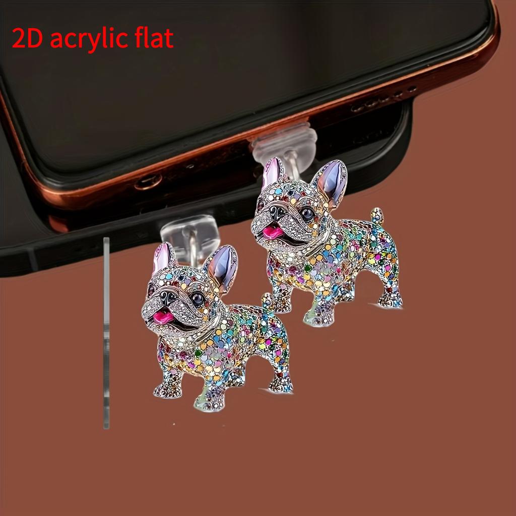 1 шт. Блестящая акриловая заглушка от пыли в виде французского бульдога для разъема iPhone/Type-C - Ослепительный дизайн со стразами