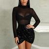 Damenmode Mesh Party Clubwear Pailletten Transparentes Sexy Rollkragenkleid