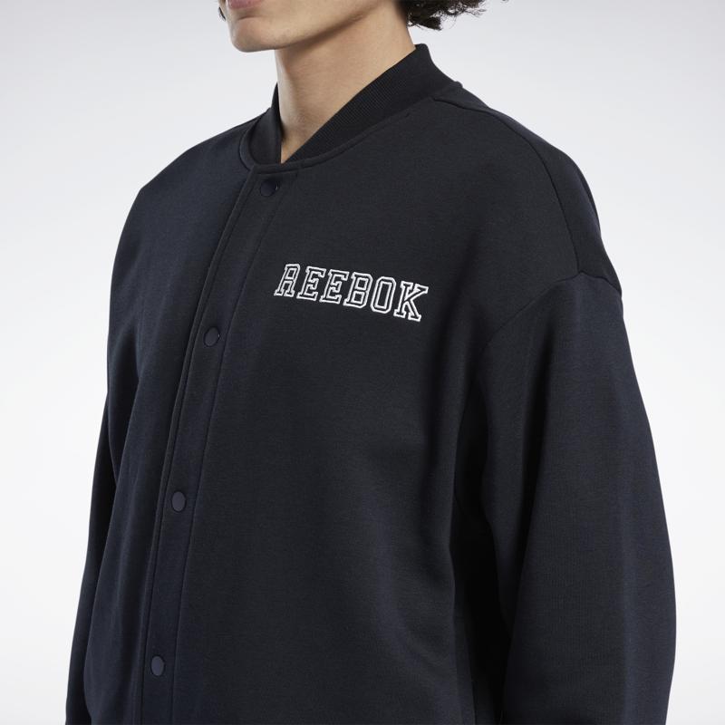 Reebok Casual Fleece Jacke mit Buchstabenaufdruck und Stehkragen Unisex-Jacken Schwarz HC0037