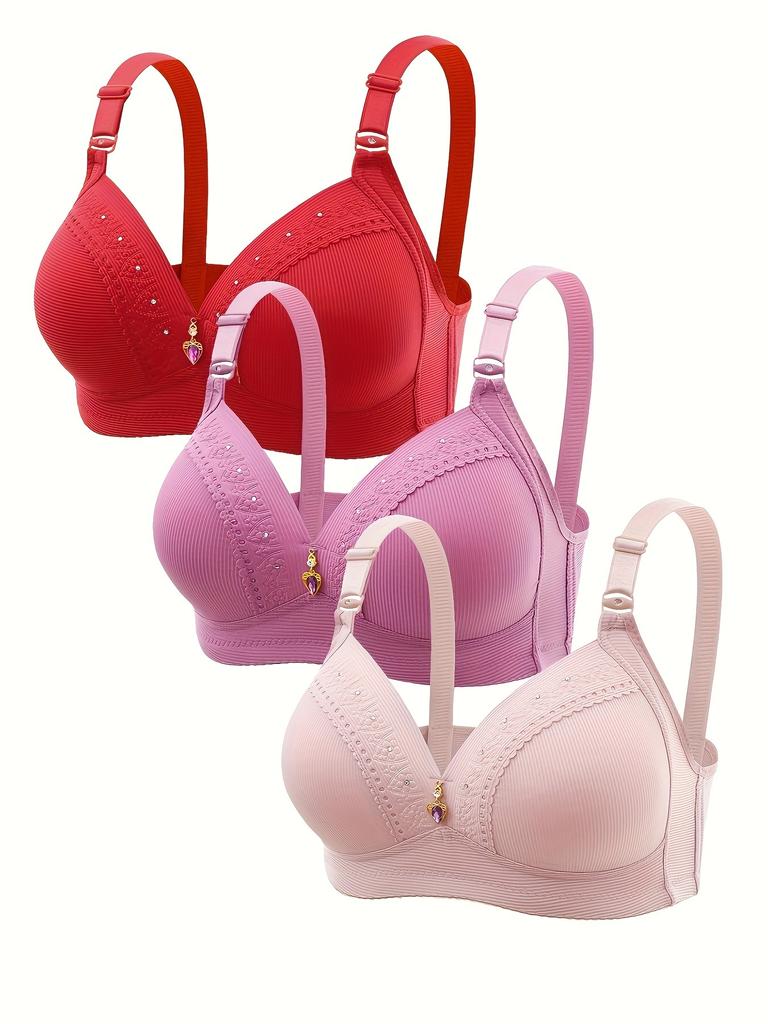 3-Piece Luxurious Lace Wireless Bras - Soft, Push-Up, Pendant Accent - Ultra-Comfort Womens Lingerie Set