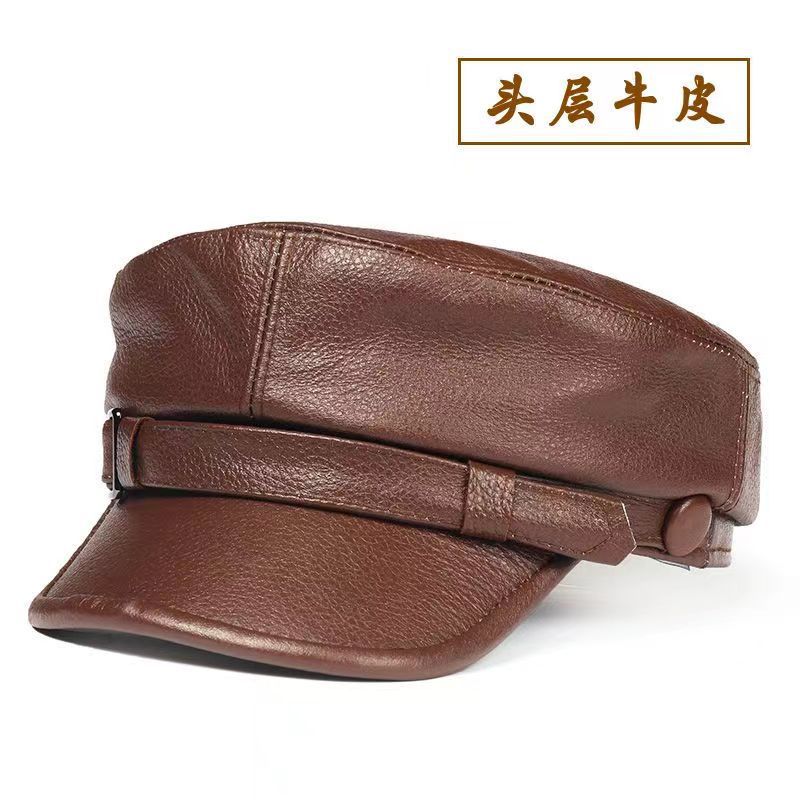 Korean Genuine Leather Cap - Autumn Winter Warm Cowhide Baseball Hat with Ear Flaps, Middle Aged Men Outdoor