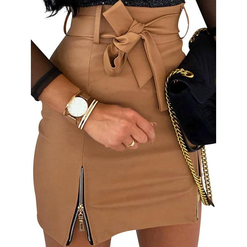 Womens PU Leather High Waist Pencil Skirt Wet Look Zipper Bodycon Mini Dress