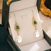 Classical Irregular Pearl Drop Earring with Green Zircon Rhinestone Gold Color Earrings for Women Exquisite Romantic