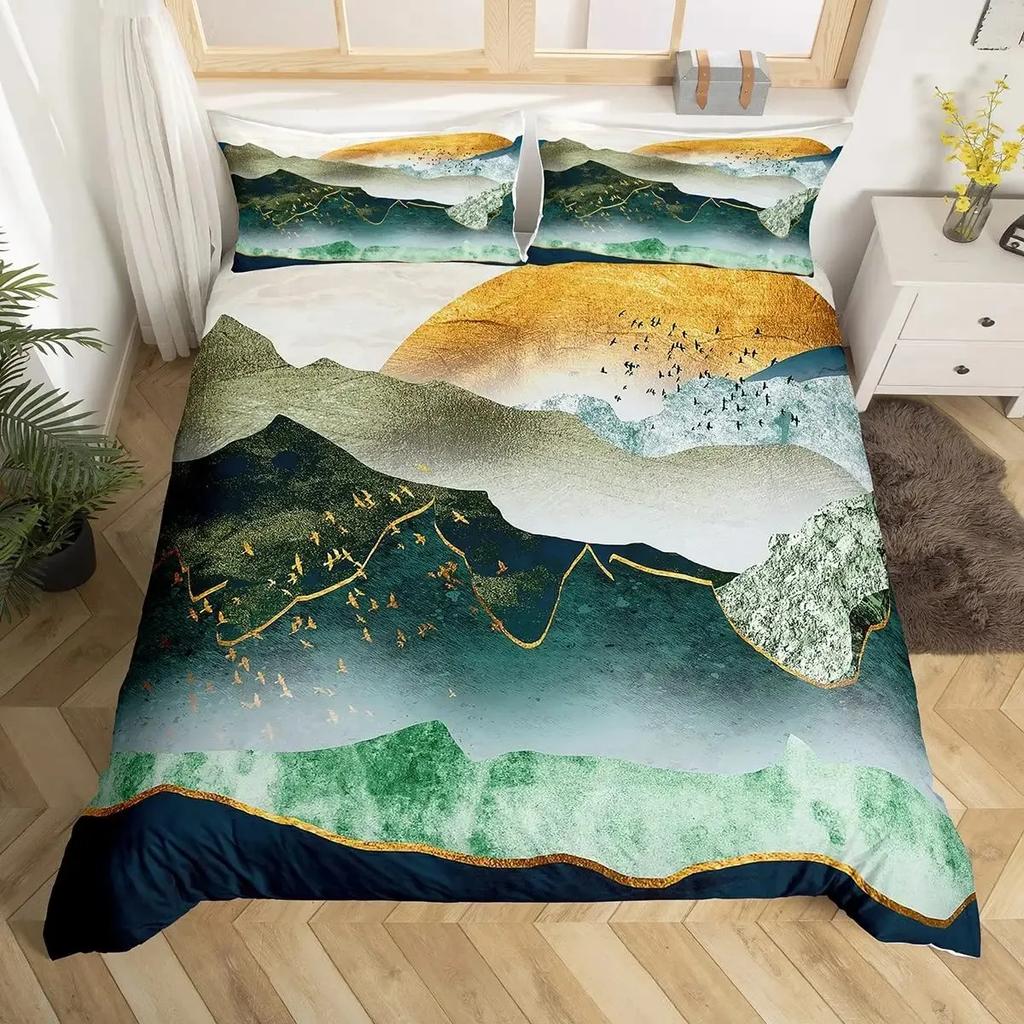 Japanese Ukiyoe Duvet Cover Set Hokusai Pattern Bedding Set Watercolor Sun Mountain Comforter Cover Exotic Style Quilt Cover Set