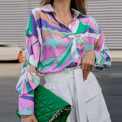 2023 Spring Loose Digital Print Shirt Fashion Single Breasted Tops Office Lady Clothes Elegant Lantern Long Sleeve Blouse 25573