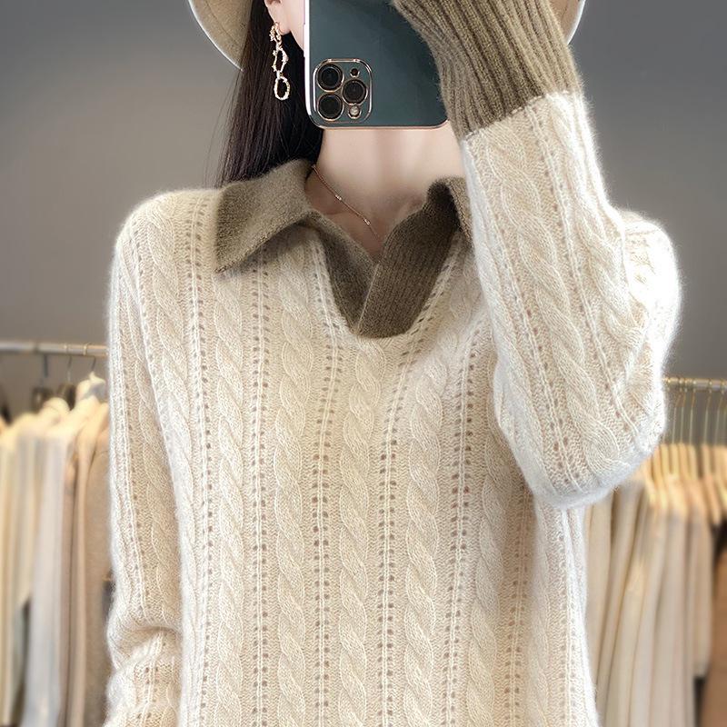 Women's V-Neck Color Block Wool Sweater - Autumn/Winter 2024, Thick Cable Knit, Short Sleeve