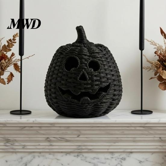 Herfst Buiten Decoratie Handgeweven Pompoenmand met Heksenhoed Deksel, Rustieke Vlechtwerk Trick Beschutte Veranda Decoratie of Snoepmand voor Buiten Halloween