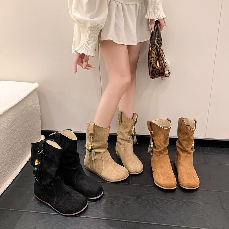 Autumn new retro sleeve round head flat bottom short boots slim western pile boots Martin boots women