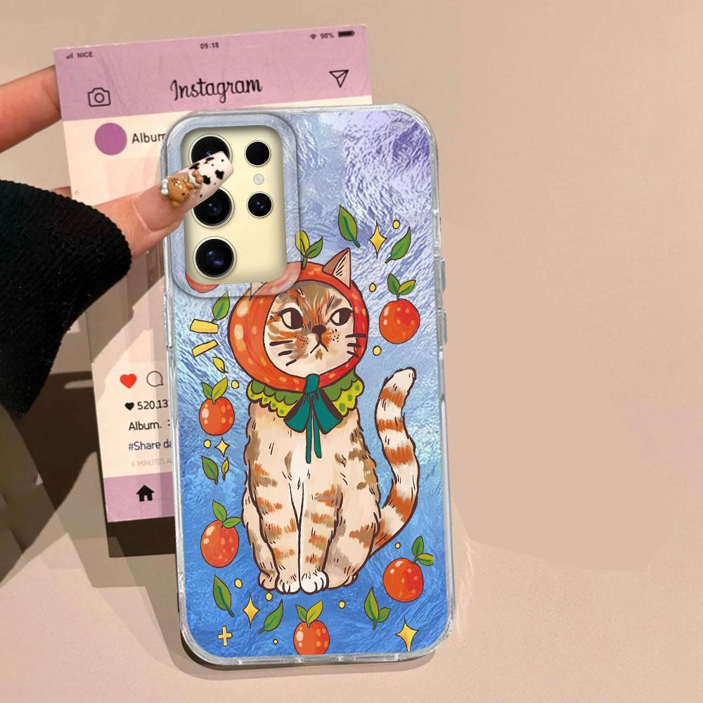 Luxury Black Cat Flower Glacier Texture Phone Case for Samsung Galaxy S25 S24 S23 S22 S21 FE Plus Ultra Shell Silicone TPU Cover