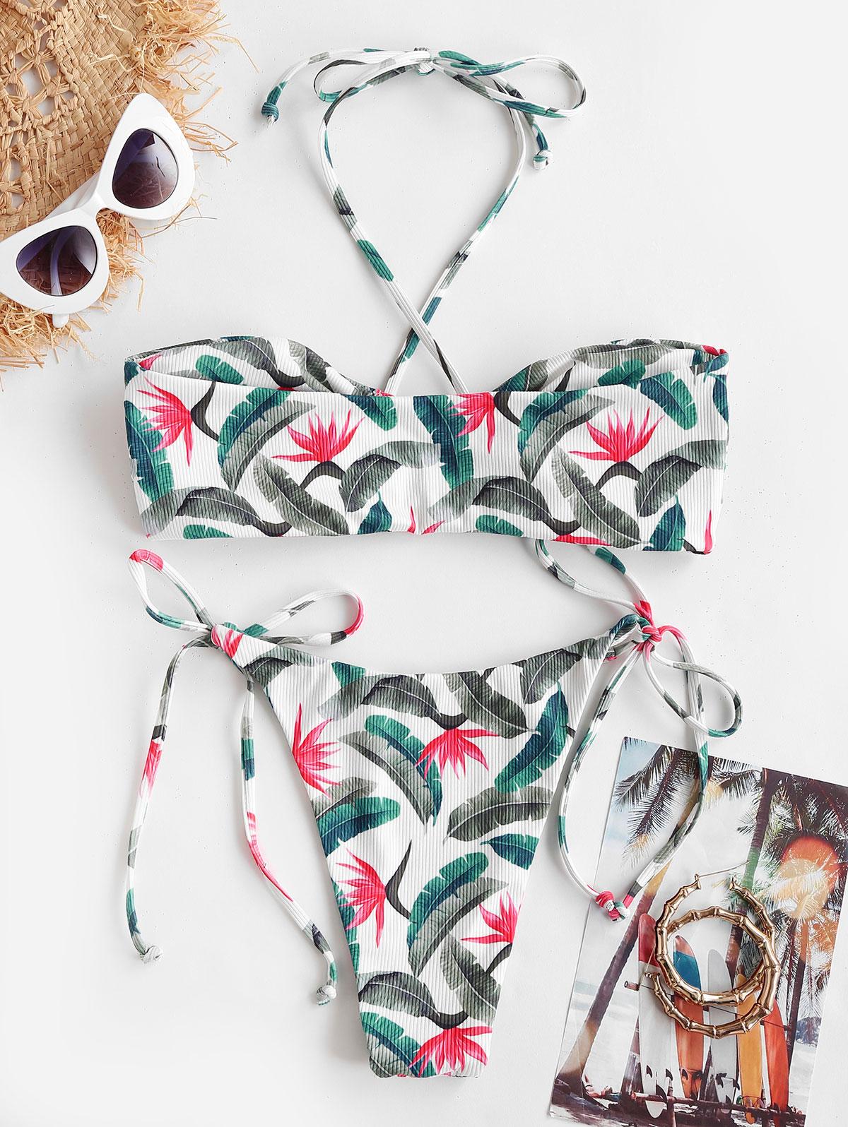 

ZAFUL Crossover Halter Ribbed Palm Leaf Print Бикини-стринги Купальники L светло-зеленый