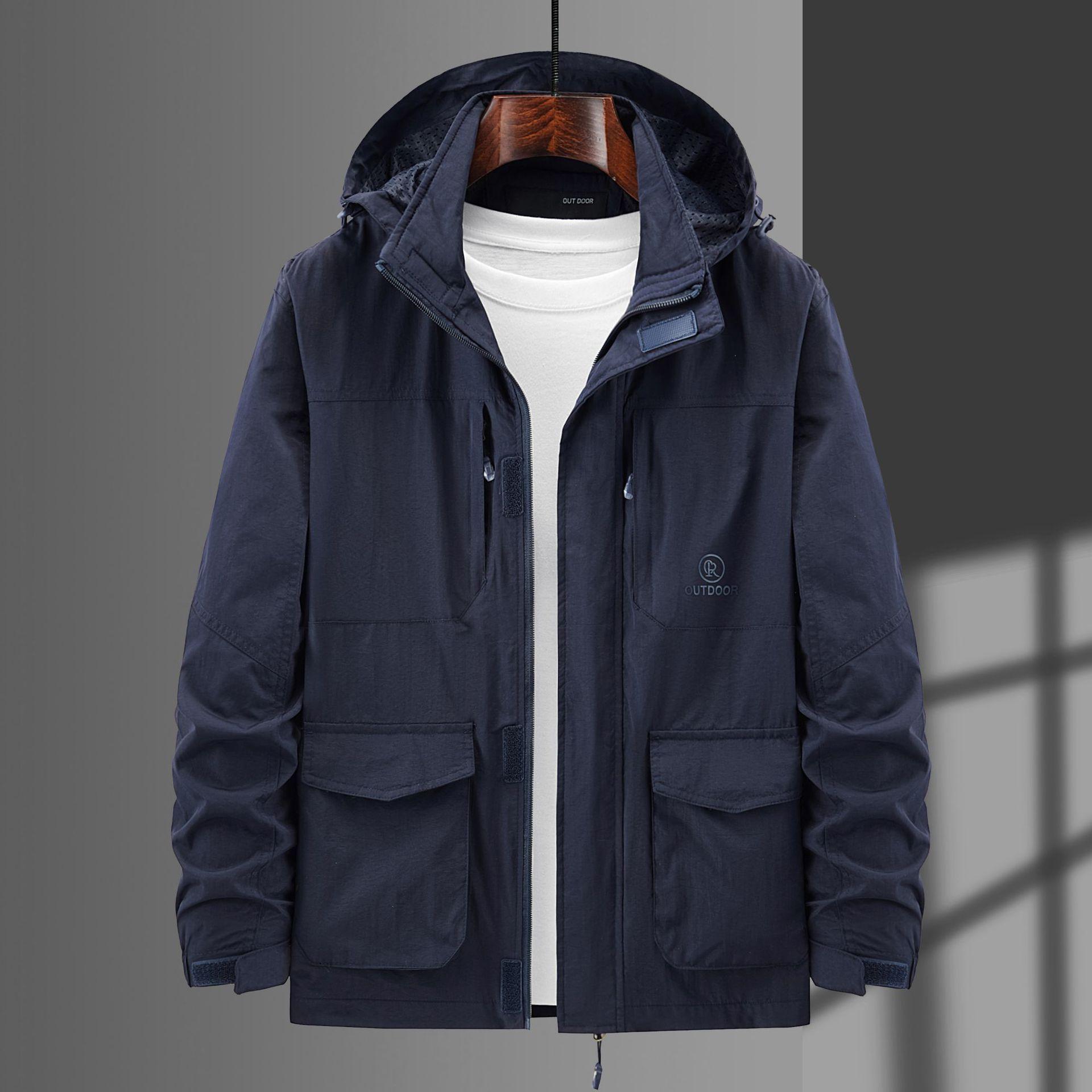 

Весенняя повседневная свободная куртка с капюшоном на молнии для мужчин, однотонный топ с несколькими карманами, куртка на молнии для мужчин 3XL