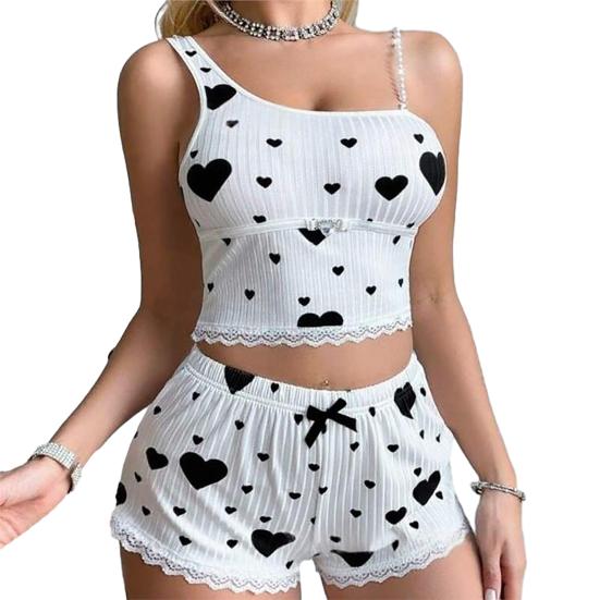 

Women s Lace Trim Cami Pajama Set 2 Piece Ribbed Crop Top And Shorts Pjs Sets Heart Print Summer Casual Sleepwear L чёрный
