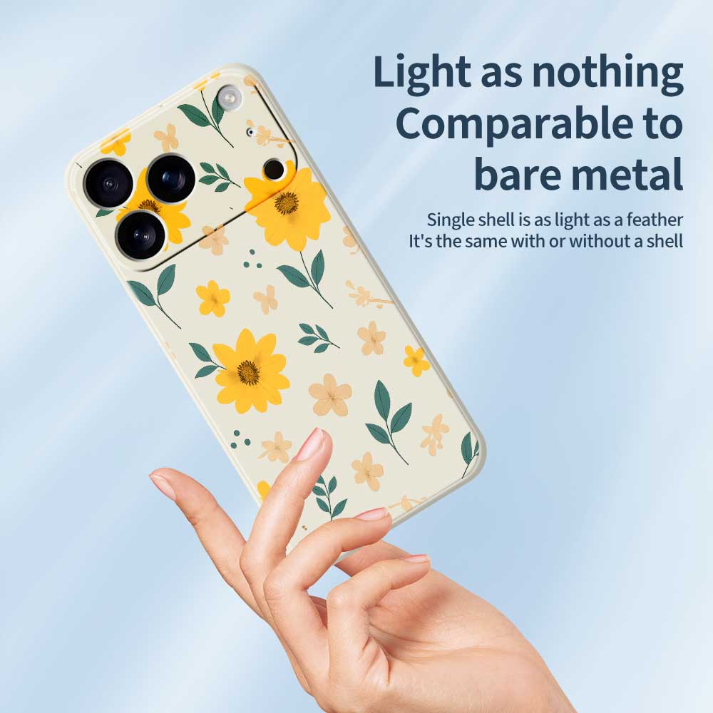 For iPhone 17 Pro Max Case Yellow Floral and Leaves Pattern Printing Straight Edge TPU Phone Back Cover