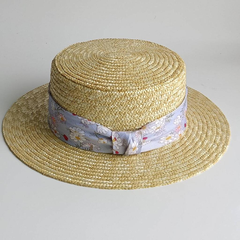 Women's Flat-Top Straw Hat with Wide French Style Ribbon Stylish Summer Sun Protection & Beach Hat Sun Hat