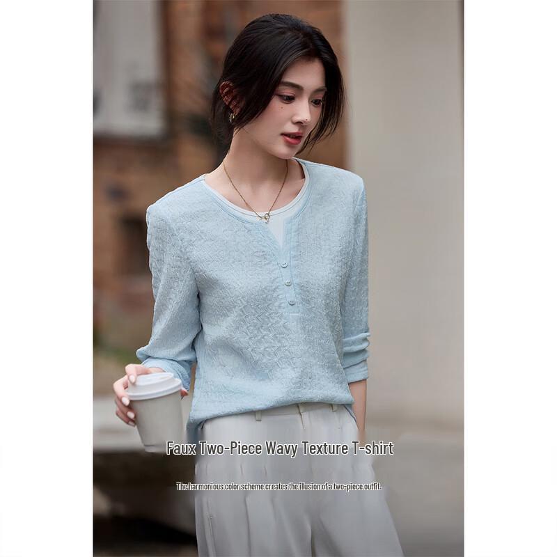 Shangdubila Women s Faux Two-Piece Long Sleeve T-Shirt L