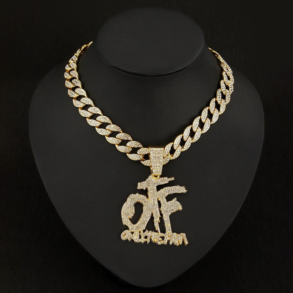 Collana Lunga Hip Hop Full Diamond Splicing Letter OTF Ciondolo Accessorio Punk Trendy Rap Cuban