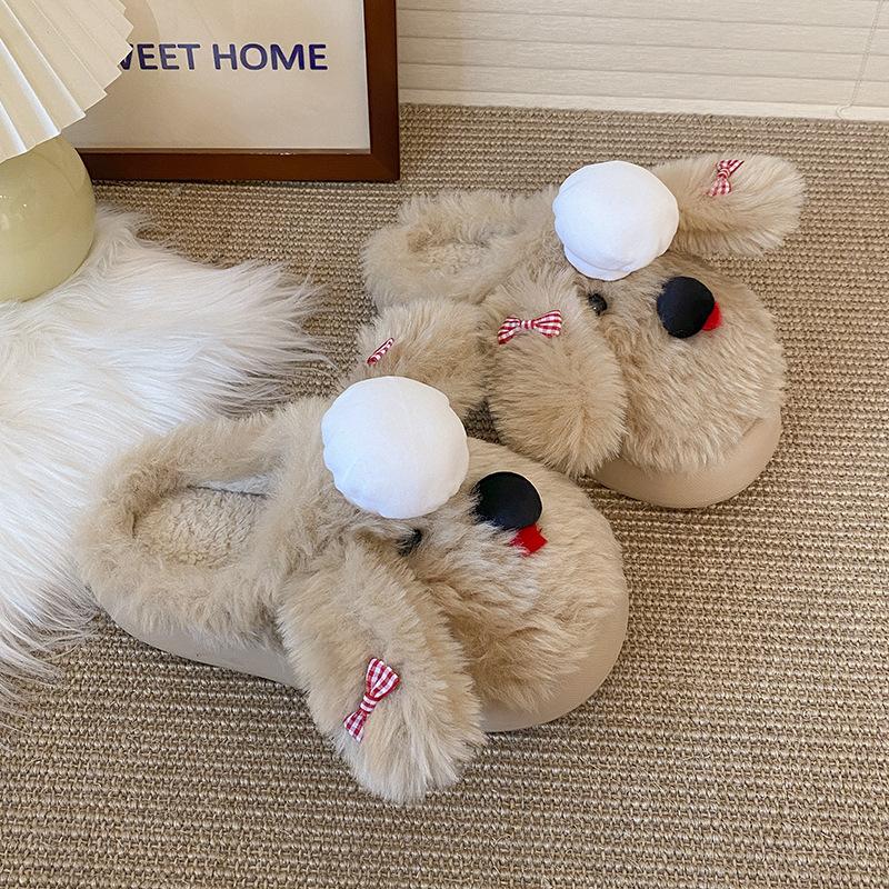 Cartoon cute ugly cute puppy fluffy shoes warm thick-soled non-slip bag head slippers 2025 winter new indoor comfort