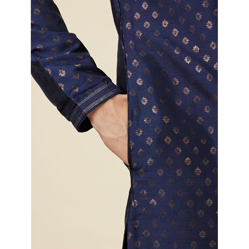 Manyavar Men's Navy Blue Shankh Patterned Kurta Set (2pcs) (Dark Blue,S)
