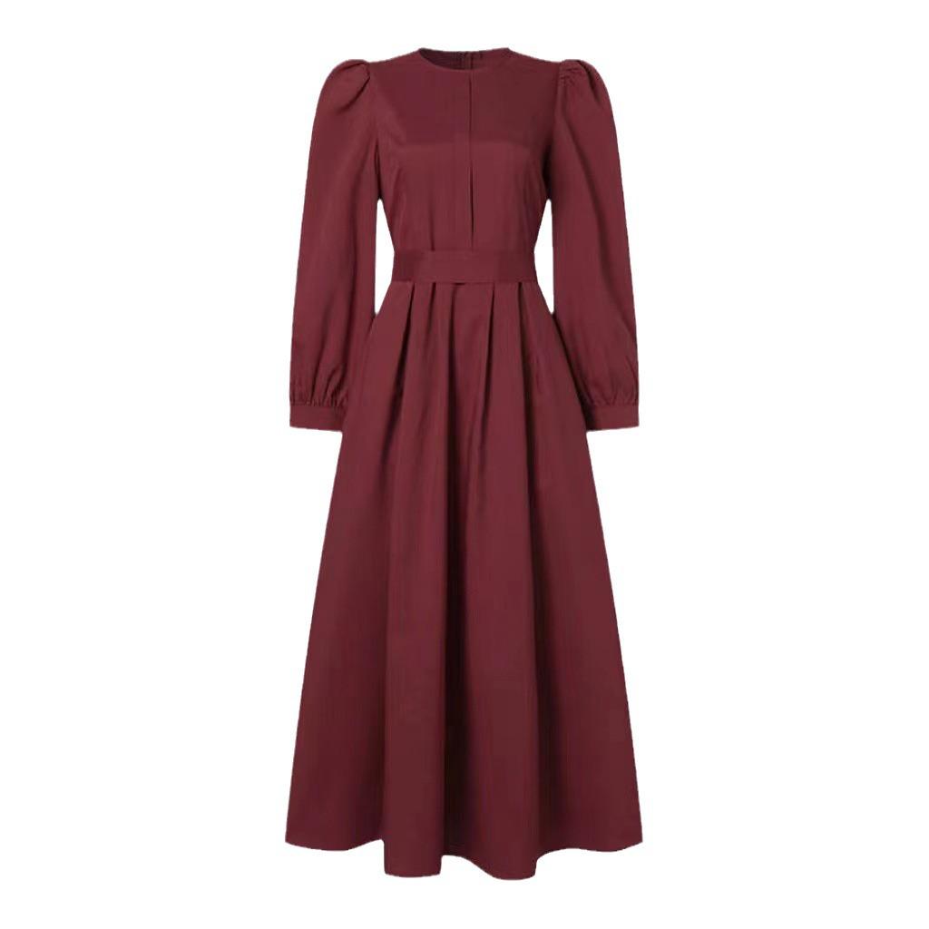 New Arrival: Cross-Border Middle East Casual Loose Solid Color Zipper Muslim Long Dress with Belt