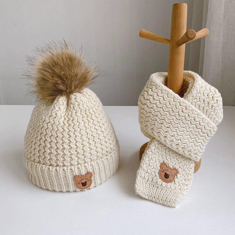 Autumn and Winter Children's Hats, Scarves and Gloves Three-piece Set, Winter Thermal Plush Men's and Women's Children's Bear Wool Hats