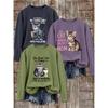 3Women's long-sleeved top (sold individually) T shirt suit | Cat Coffee Fun Letter Print Theme | Watercolor cartoon style round neck top | Elegant