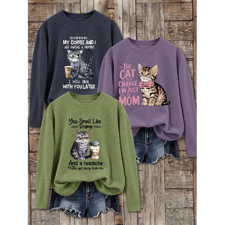 3Women's long-sleeved top (sold individually) T shirt suit | Cat Coffee Fun Letter Print Theme | Watercolor cartoon style round neck top | Elegant